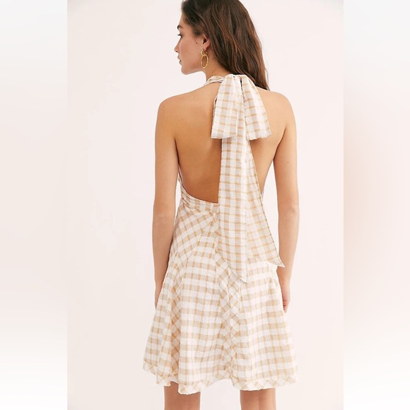 Free People “Do the Twist” Halter Mini Dress Gingham Ivory Combo Size 6 - Picture 3 of 11
